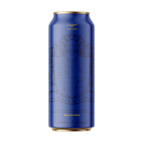 Blue McGrath Lager beer can featuring crest logo
