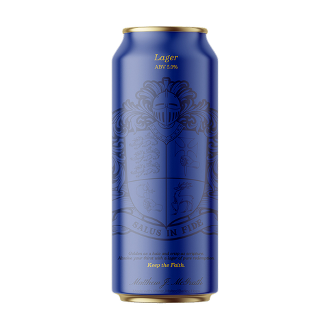 A blue can of Lager ABV 5.0% with gold accents and a detailed crest design on the front
