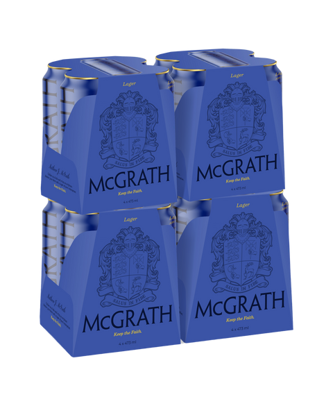 McGrath Lager four-pack craft beer cans with blue branded carrier packaging