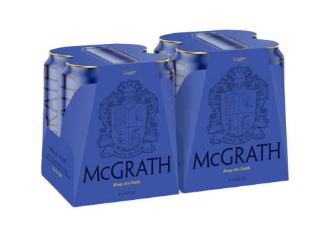 Pack of McGrath beer cans with blue packaging and visible brand logo.