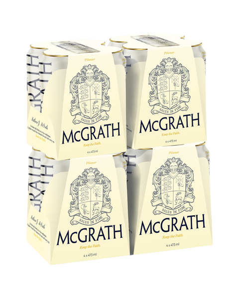 McGrath Pilsner four-pack craft beer cans with branded carrier packaging