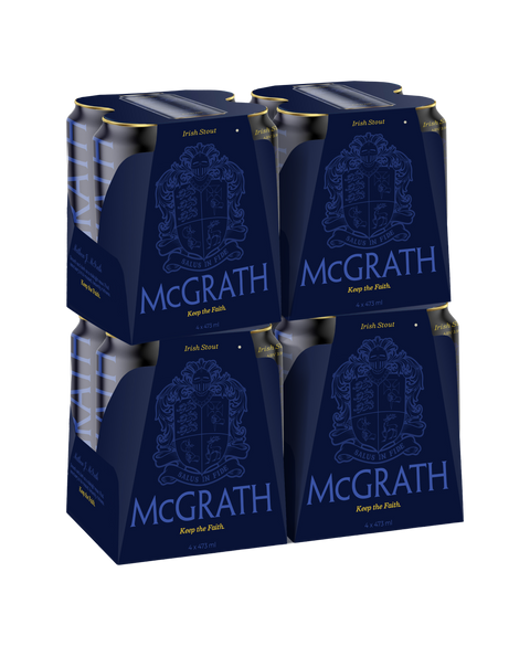 Packaging of McGrath Irish Stout beer cans with blue labels and gold accents.