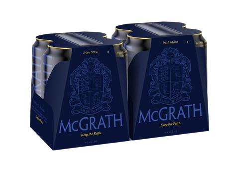 Pack of McGrath Irish Stout beer cans with blue packaging and gold accents.