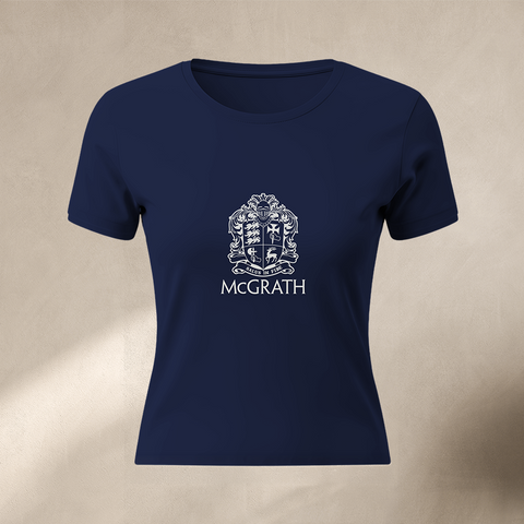Navy cropped T-shirt with McGrath crest logo on front