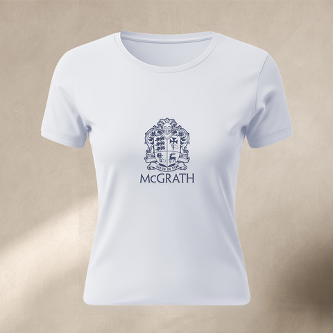 White cropped T-shirt with McGrath crest logo on front