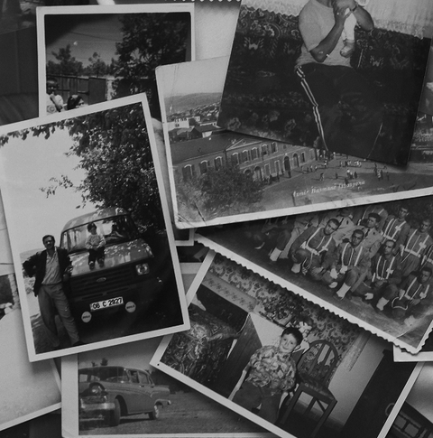 Collection of black and white photos featuring people, vehicles, and buildings.