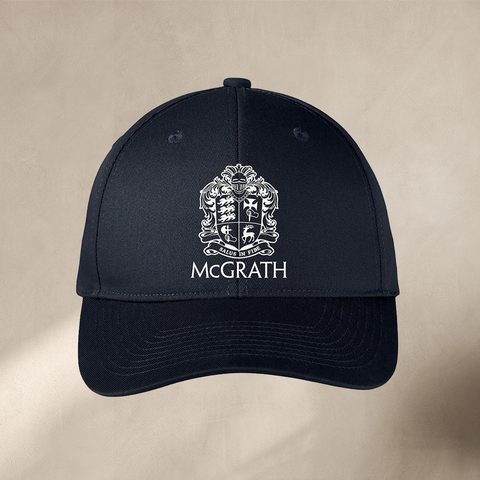 Navy baseball cap with McGrath crest logo on front