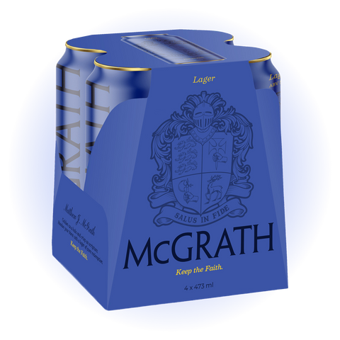 McGrath Lager four-pack beer cans with blue carrier packaging