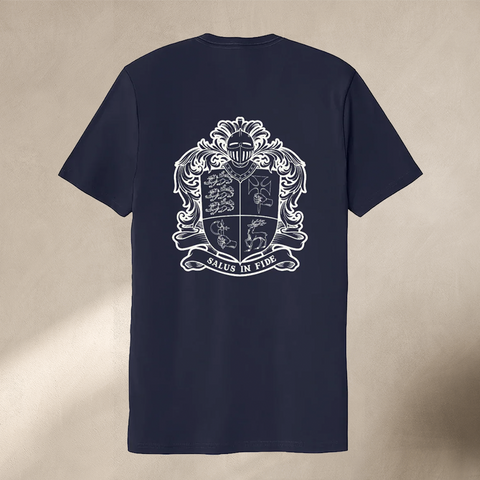 Back of navy short sleeve shirt with large McGrath crest graphic