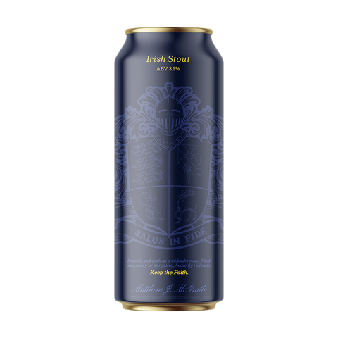 House of McGrath Irish Stout beer can with signature crest artwork and dark blue packaging.