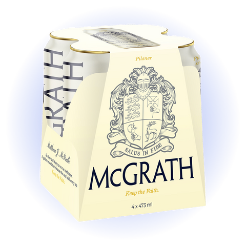 McGrath Pilsner four-pack beer cans with cream carrier packaging
