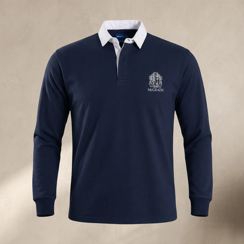 Front view of navy long sleeve rugby shirt with white collar and McGrath crest logo
