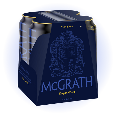 McGrath Irish Stout 4-pack beer cans in blue branded carrier with crest logo