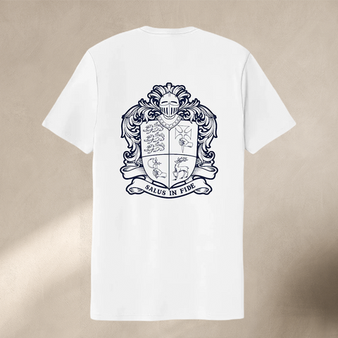 Back of white short sleeve shirt with large McGrath crest graphic